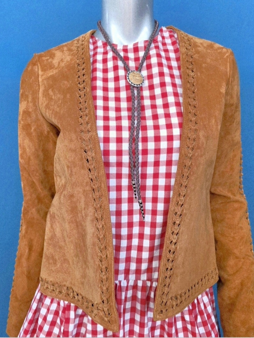🆕️🤠🐎MANGO Genuine Leather Trena Suede Jacket Collarless w/ Suede Braiding NWT - Picture 2 of 16
